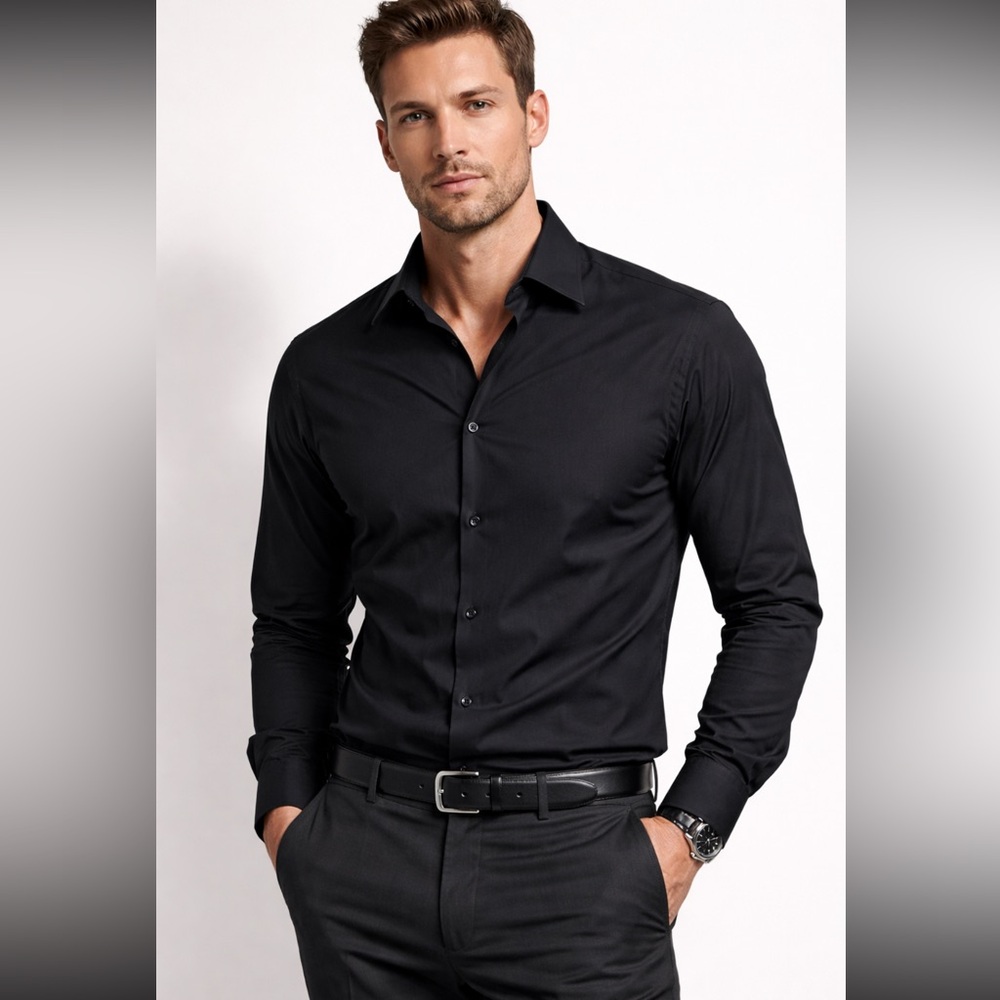 DKNY Black Slim Fit Dress Shirt — Size L